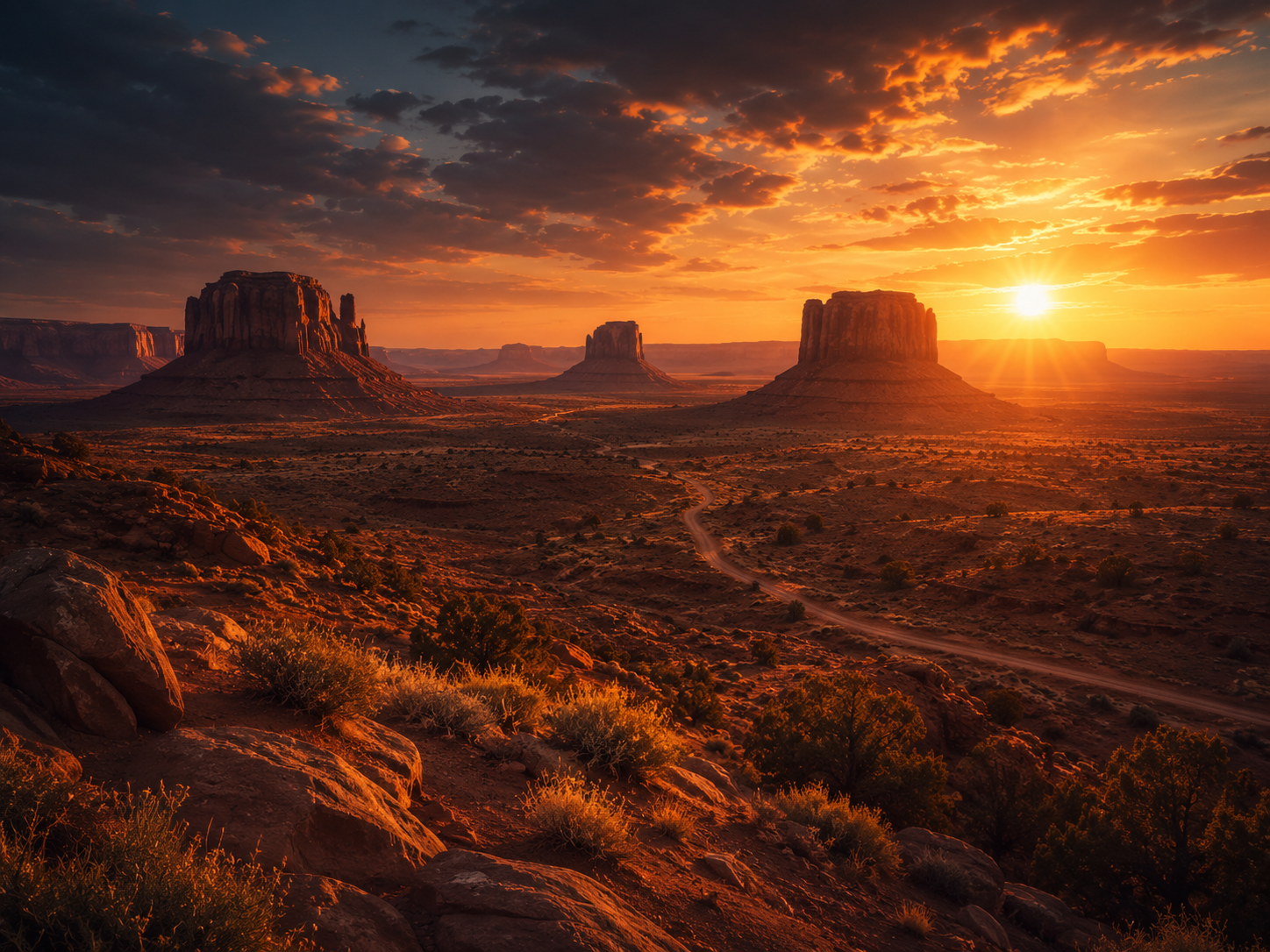 Mesas de Monument Valley au coucher du soleil