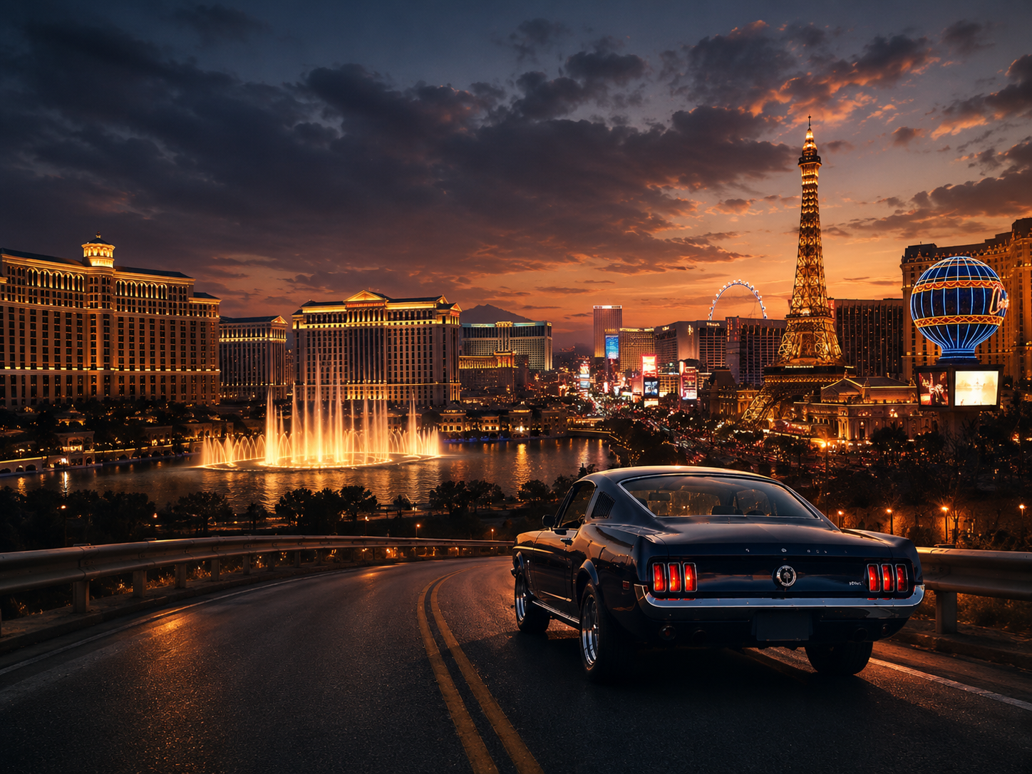 Las Vegas illuminée avec une Mustang fermée